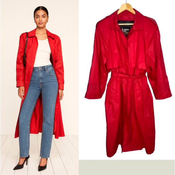 NEW! London Fog 14 Classic $249 Waxed Canvas Trench Coat Long Rain Jacket Red - Picture 1 of 14
